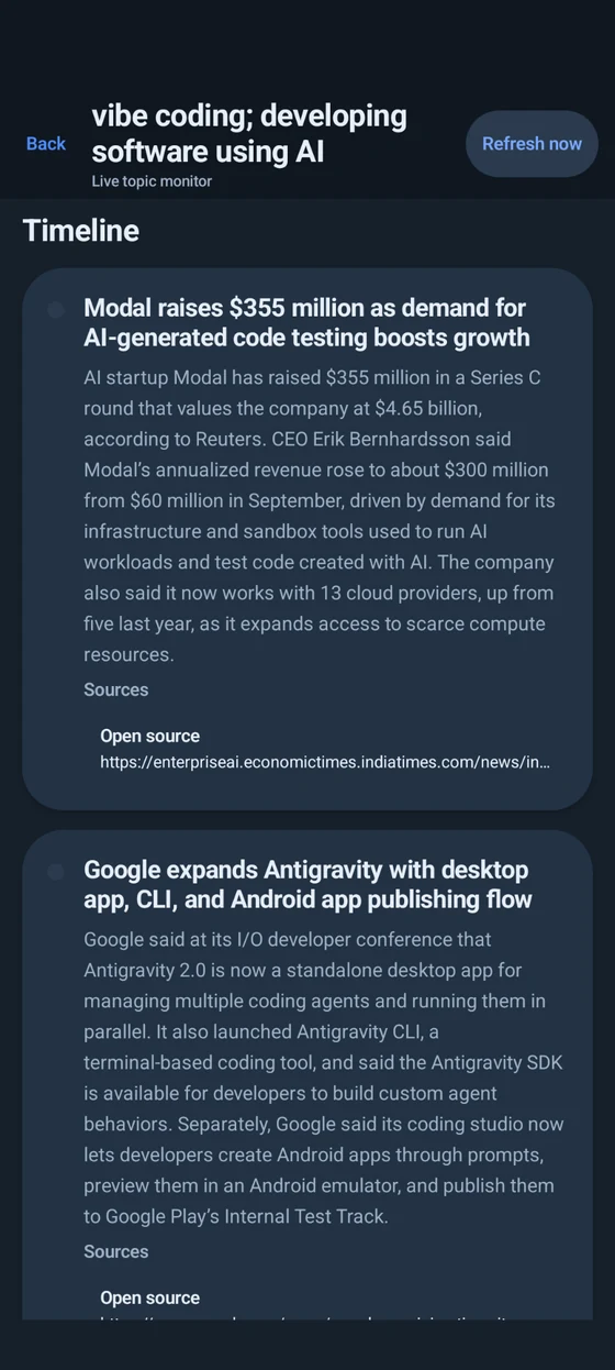 TopicSentry timeline showing concise fact updates and source links